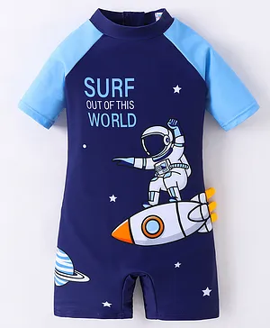 Kookie Kids Half Sleeves Legged Swimsuit with Astronaut Print -  Navy Blue