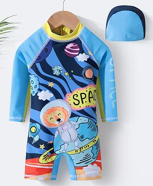 Kookie Kids Full Sleeves Legged Swimsuit with Space Theme Print -  Blue