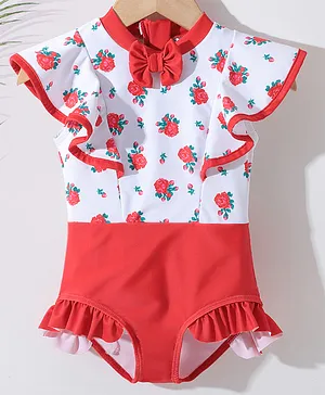 Kookie Kids  Sleeveless V Cut Swimsuit with Frill Detailing Strawberry Print - White