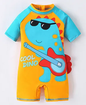 Kookie Kids Half Sleeves Legged Swimsuit Dino Print -  Yellow