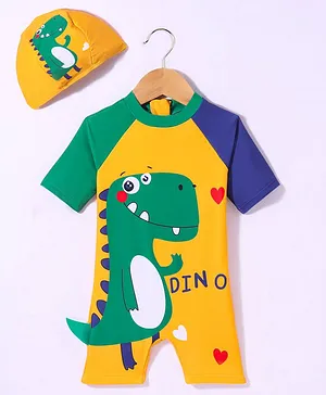 Kookie Kids Half Sleeves Legged Swimsuit with Cap Dino  Print -  Yellow