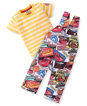 Babyhug Disney Cotton Knit Dungaree and Half Sleeves T-Shirt Set Cars Print - Yellow & Red
