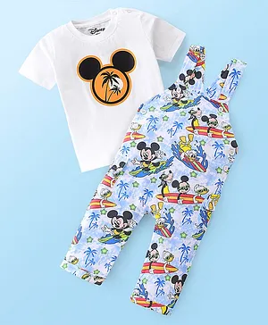 Babyhug Disney Cotton Knit Dungaree & Half Sleeve T-Shirt with Mickey Mouse Family & Print - White & Blue