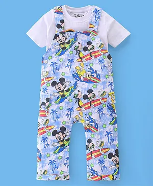 Babyhug Disney Single Jersey Knit   Dungaree with Half Sleeve T-Shirt  Mickey Mouse Family  Print - Blue & White
