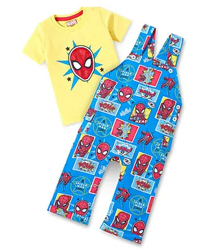 Babyhug Marvel Cotton Knit Dungaree With Half Sleeves T-Shirt & Spiderman Print - Yellow & Blue