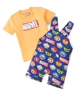 Babyhug Marvel Cotton Single Jersey Knit Dungaree With Half Sleeve Tee And Avengers Print - Yellow & Navy Blue