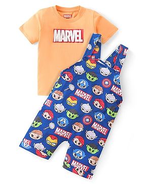 Babyhug Marvel Cotton Single Jersey Knit Dungaree With Half Sleeve Tee And Avengers Print - Yellow & Navy Blue