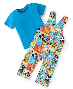 Babyhug Disney Single Jersey Knit  Dungaree with Half Sleeve T-Shirt  Mickey Mouse Family Print - Multicolour