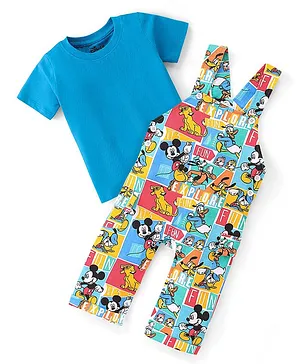 Babyhug Disney Single Jersey Knit  Dungaree with Half Sleeve T-Shirt  Mickey Mouse Family Print - Multicolour