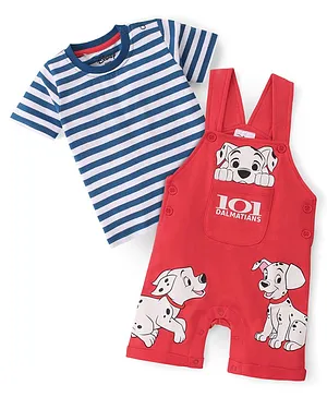 Babyhug Disney Cotton Single Jersey Knit Dungaree With Half Sleeves Tee And 101 Dalmatians Graphics - Blue & Red