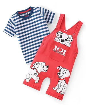 Babyhug Disney Cotton Single Jersey Knit Dungaree With Half Sleeves Tee And 101 Dalmatians Graphics - Blue & Red