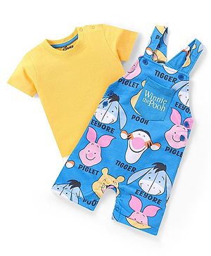 Babyhug Disney Single Jersey Knit Dungaree With Half Sleeves T-Shirt Winnie The Pooh Print - Blue & Yellow