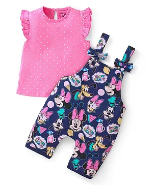 Babyhug Disney Single Jersey Knit  Dungaree with Frill Sleeve T-Shirt with Frill Detailing & Minnie Mouse Family  Print - Navy Blue & Pink