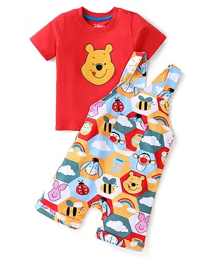 Babyhug Disney Cotton Knit Single Jersey Dungaree & Half Sleeve T-Shirt with Winnie the Pooh Print - Red