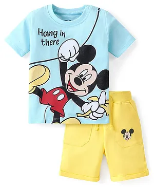 Babyhug Disney Single Jersey Knit Half Sleeves T-Shirt And Shorts Set With Mickey Mouse Graphics - Blue & Yellow