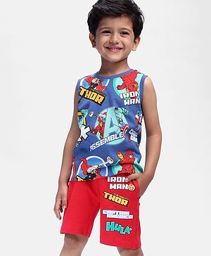 Babyhug Marvel Single Jersey Knit Sleeveless T-Shirt with Shorts Set With Avengers Print - Navy Blue & Red