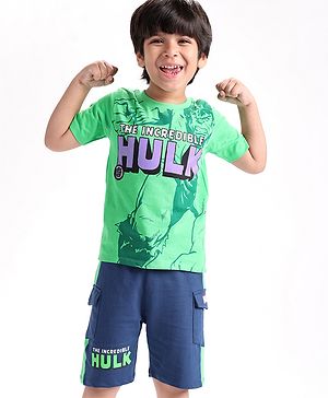 Babyhug Marvel Single Jersey Knit Half Sleeves T-Shirt And Shorts Set  With Hulk Graphics - Green & Navy Blue