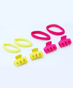 Milyra Pack Of 8 Solid Rubber Bands & Hair Clips - Yellow & Pink
