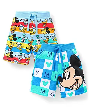 Babyhug Disney Cotton Knit Shorts With Mickey Mouse & Pluto Print Pack Of 2 - Blue White & Red