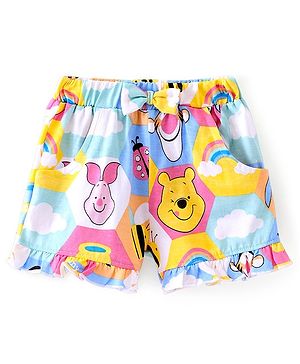 Babyhug Disney Cotton Knit Shorts with Winnie the Pooh Print & Bow Applique - Multicolour