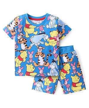 Babyhug Disney Cotton Knit Single Jersey Half Sleeve Short Set With Winnie The Pooh Print - Blue