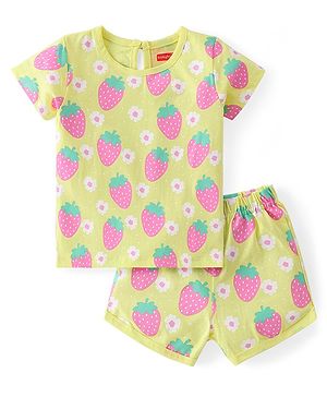 Babyhug Cotton Knit Half Sleeves Night Suit With Strawberries Print - Yellow