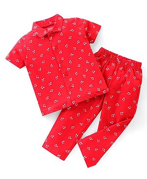Babyhug Single Jersey Knit Half Sleeves Night Suit Musical Notes Print - Red