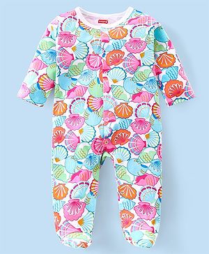 Babyhug Interlock Knit Full Sleeves Footed Sleep Suit Seashell Print - Multicolor