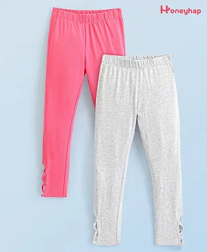 Honeyhap Premium Cotton Elastane Single Jersey Knit Full Length Leggings With Bio Finish Solid Colour Pack Of 2- Grey Melange & Pink Lemonade
