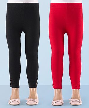 Honeyhap Premium Cotton Elastane Single Jersey Knit Full Length Leggings With Bio Finish Solid Colour Pack Of 2- Salsa Red Black