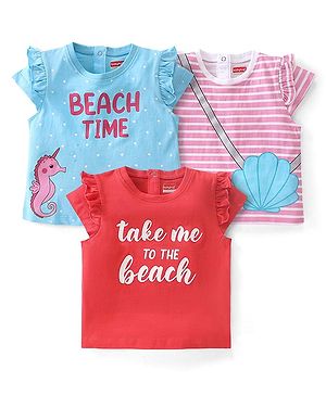 Babyhug Cotton Knit Half Sleeves T-Shirts with Frill & Sea Theme Graphics Pack of 3 - Multicolour