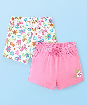 Babyhug Single Jersey Mid Thigh Shorts with Floral & Butterfly Print Pack of 2 - White & Pink