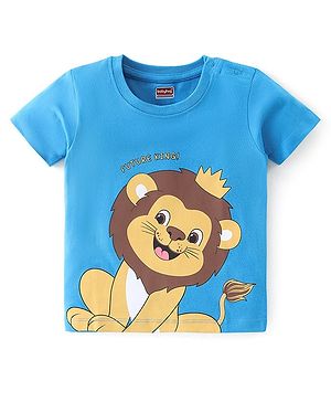Babyhug 100% Cotton Knit Half Sleeves T-Shirt with Lion Graphics- Blue