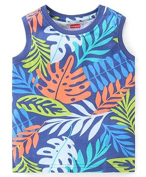 Babyhug Cotton Knit Sleeveless T-Shirt with Leaf Print - Navy Blue