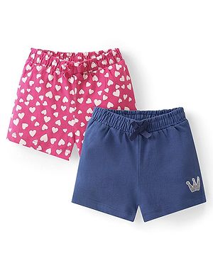 Babyhug Single Jersey Cotton Knit Mid Thigh Length Heart Print Shorts with Bow Applique Pack of 2 - Pink & Navy