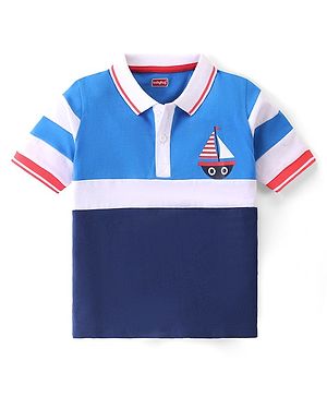 Babyhug Cotton Knit Half Sleeves Polo  T-Shirt with Boat Print - Navy Blue