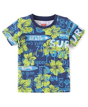 Babyhug Cotton Knit Half Sleeves Floral & Beach Theme Printed T-Shirt - Navy Blue & Green