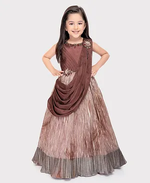 Coffee Wedding Wear Kids Girl Brown Embroidered Long Frock at Rs