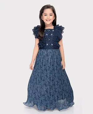 Betty By Tiny Kingdom Frill Sleeves & Stone Embellished  Floral Printed Flared Gown - Blue