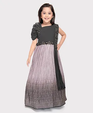 Betty By Tiny Kingdom One  Shoulder Floral Applique Detailed & Seamless Foil Printed Georgette Gown With Attached Dupatta - Grey