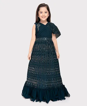 Betty By Tiny Kingdom One  Shoulder Pleated Lurex Striped  & Sequin Embellished  Georgette Ethnic  Gown - Blue