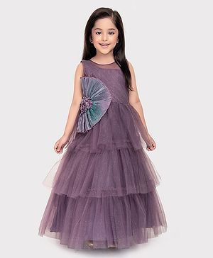 Betty By Tiny Kingdom Sleeveless Floral Applique Detailed Shimmer Layered Net Gown -  Violet