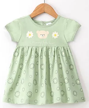 Ollypop Sinker Knit Half Sleeves Frock with Teddy & Floral Print - Green