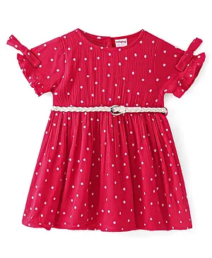 Babyhug Rayon Woven Half Sleeves Frock with Polka Dot Print with Bow Applique - Red