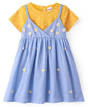 Babyhug 100% Cotton Woven Frock with Flower Applique and Half Sleeves Inner Tee - Blue