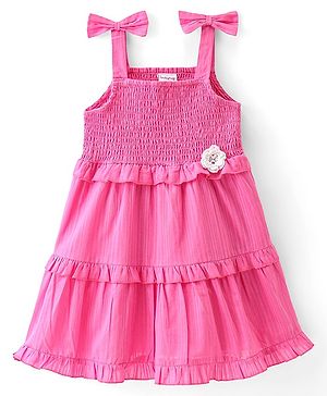 Babyhug Cotton Woven Knit Sleeveless Frock with Floral Applique - Pink