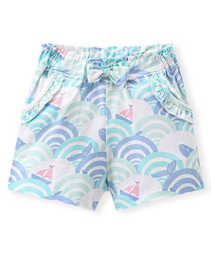 Babyhug Single Jersey Knit Mid Thigh Whale Printed Shorts - White & Blue