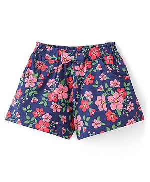 Babyhug Single Jersey Knit Mid Thigh Floral Printed & Bow Applique Shorts - Navy Blue