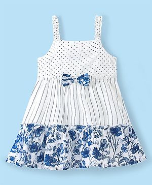 Babyhug Rayon Woven Sleeveless Frock Floral & Polka Dot Print - Blue & White