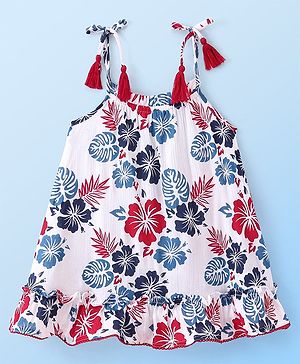 Babyhug Cotton Woven Singlet Sleeves Frock Floral Print - White